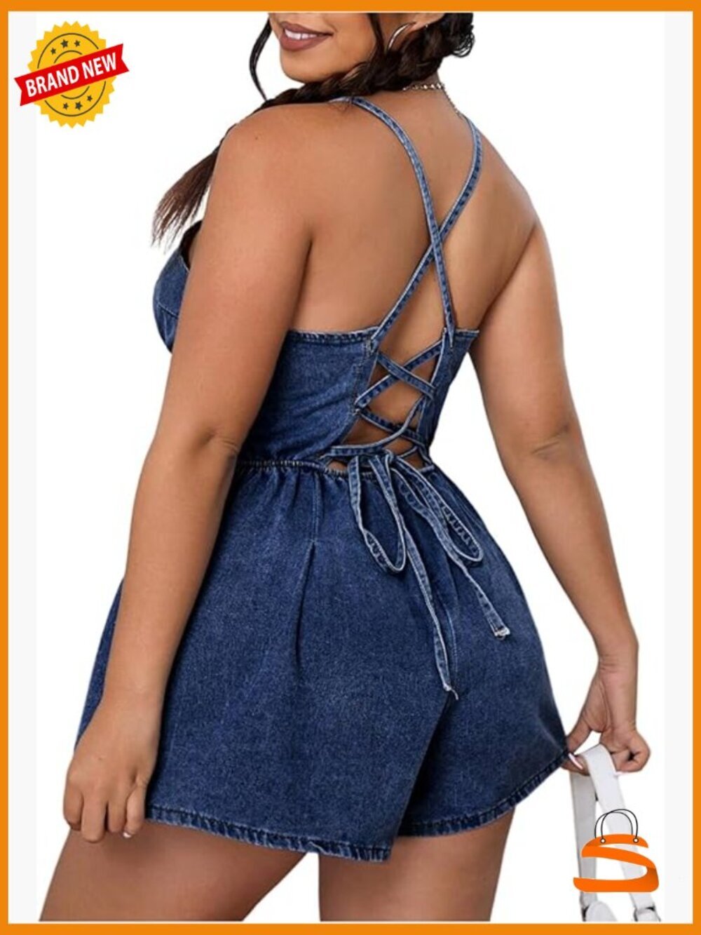 Plus Size Lace Up Backless Denim Romper Jean Shorts Jumpsuit